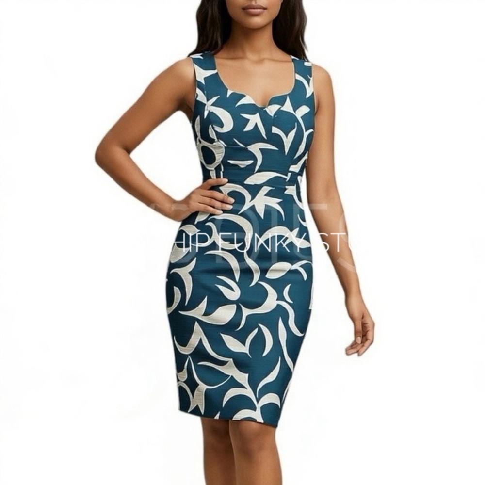 ADRIANNA PAPELL Floral Linen Teal/White Sheath Dress 4 Spring Summer Vaca Event
